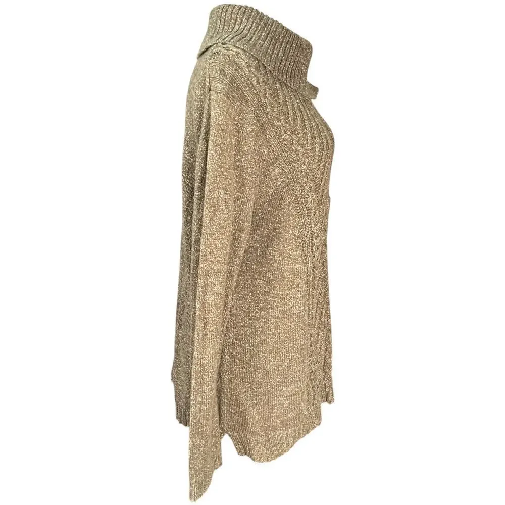 Talbots Cotton Cable Knit Mock Neck Tunic Sweater Large Green Speckled Old Money